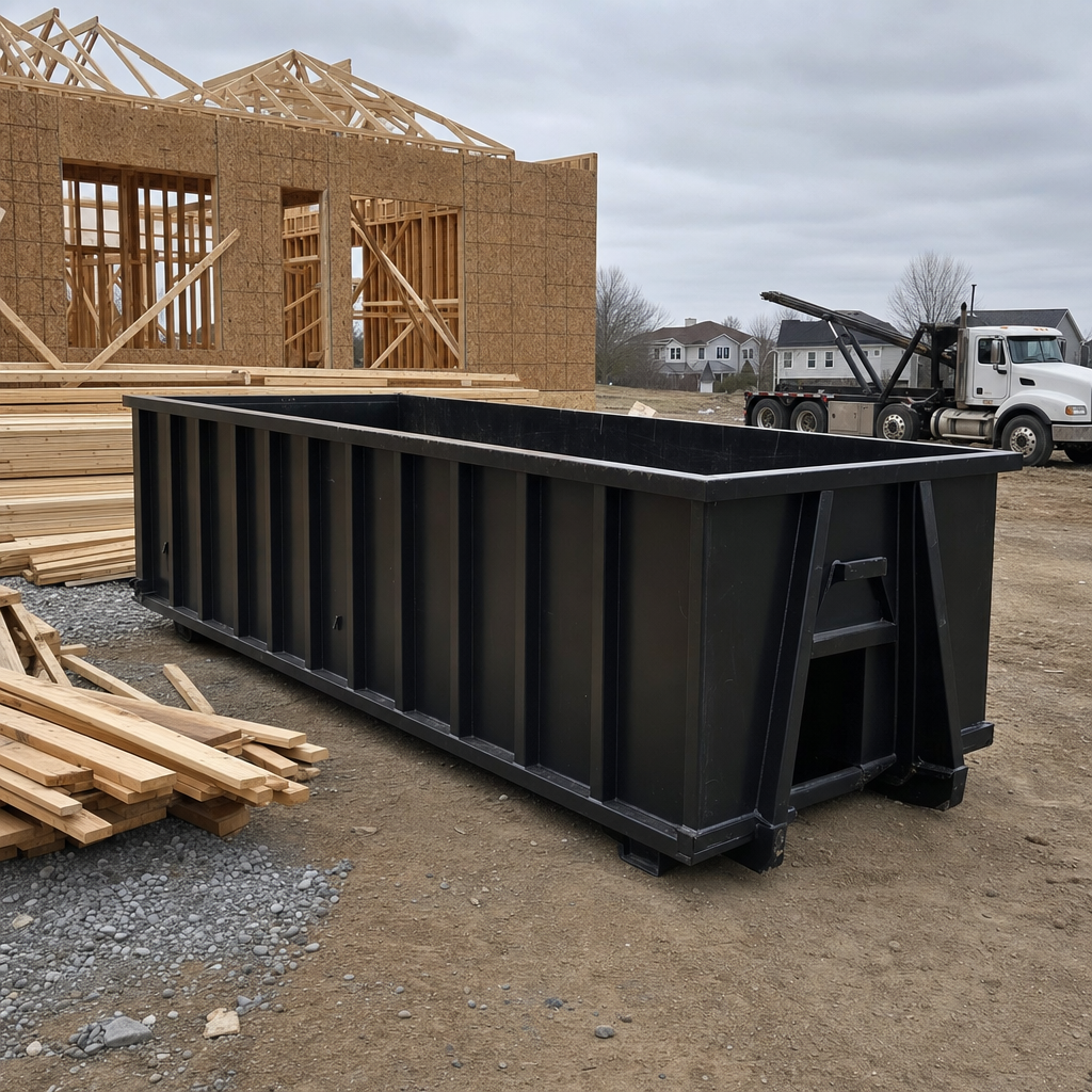 Matte-black 40-yard roll-off dumpster staged on a framed-out residential construction site in Loveland, framing lumber stacked nearby, hooklift delivery truck visible in the background under bright Colorado daylight