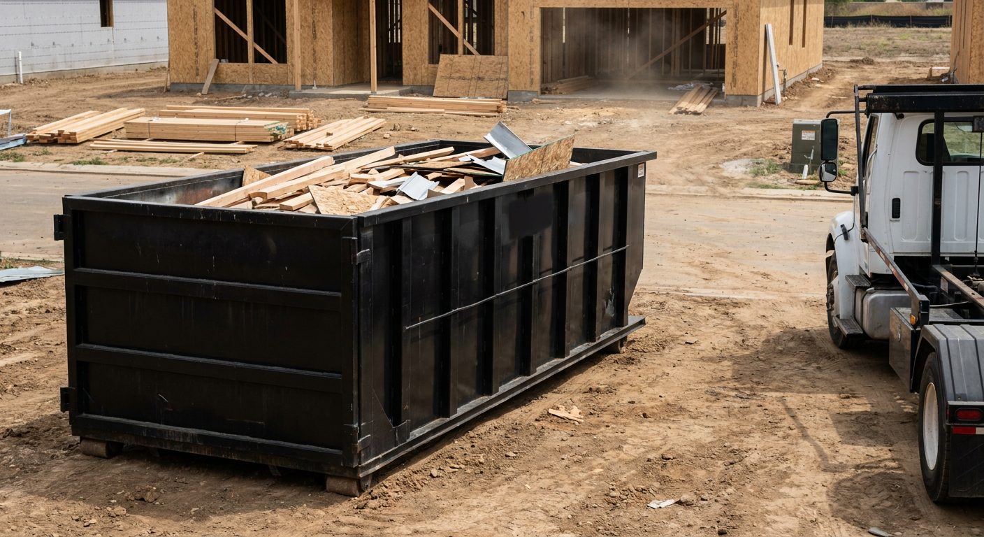 Matte-black 20-yard roll-off construction dumpster with heavy ribbed steel sidewalls and swing rear doors at a working jobsite in Loveland, sitting directly on compacted dirt with an unmarked white hauler partially visible at the far edge of the frame.