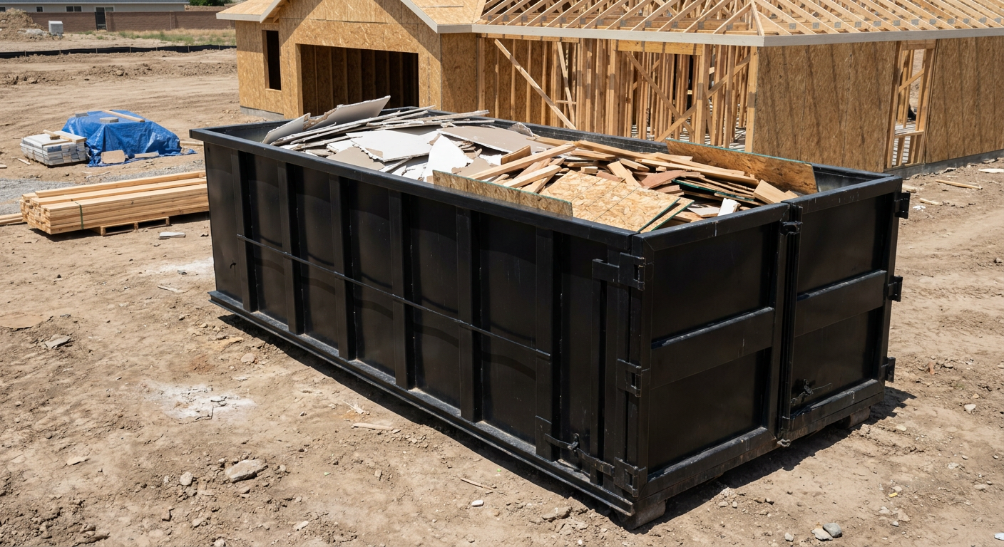 Matte-black 30-yard roll-off construction dumpster sitting directly on the compacted-dirt site of a framed single-family home build in Loveland, drywall and lumber scrap loaded inside.
