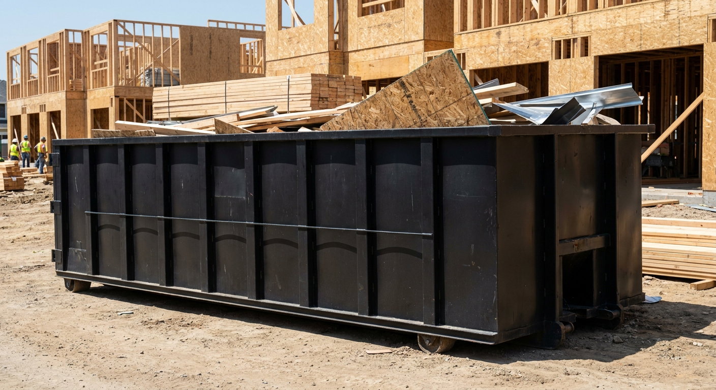 Matte-black 40-yard roll-off construction dumpster being lowered from a white-cab hooklift delivery truck onto the compacted-dirt jobsite at a commercial build site in Loveland