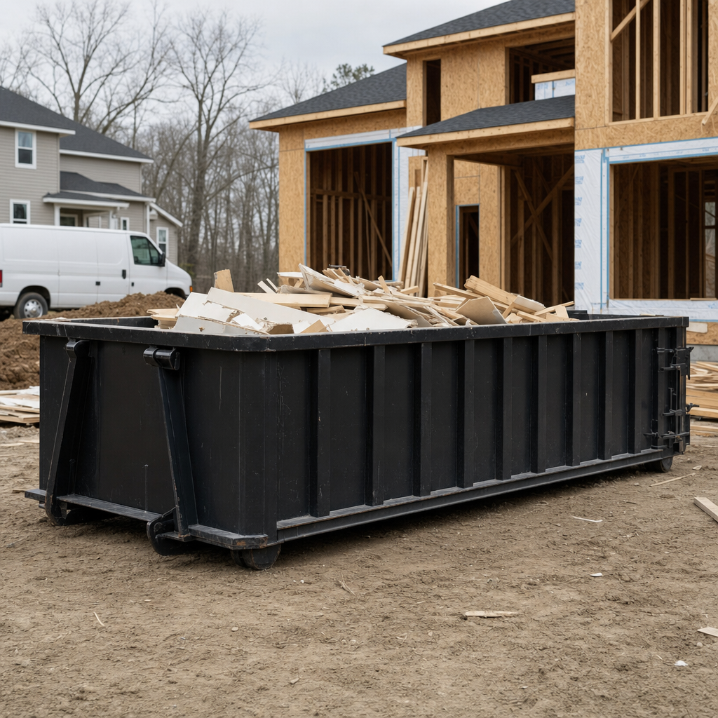 Worker in a yellow high-visibility vest tossing framing lumber and broken drywall into a matte-black 30-yard construction roll-off dumpster on an active build site in Loveland, bright daylight
