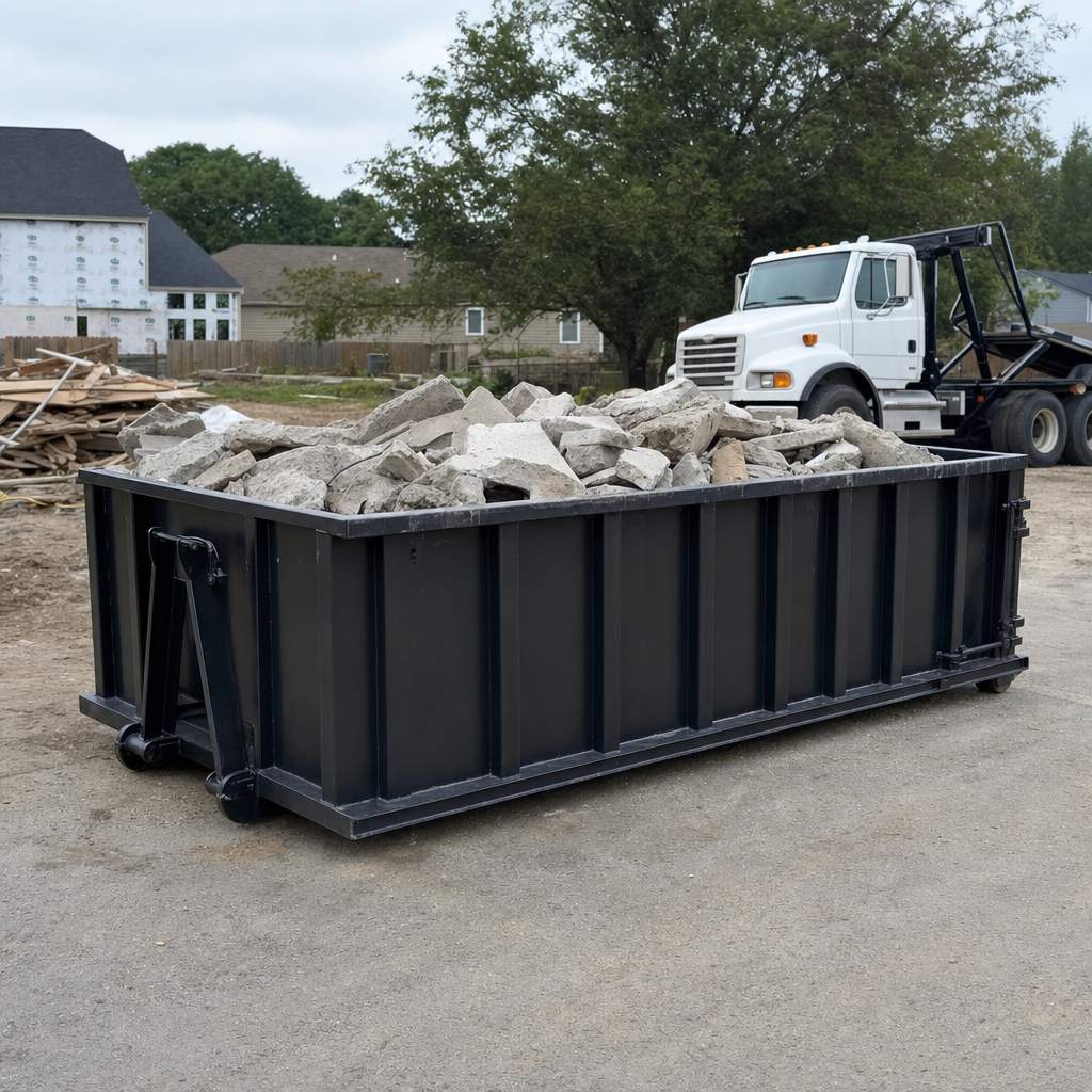 Low-profile matte-black lowboy roll-off dumpster loaded with broken concrete slab and rebar at a foundation tear-out in Loveland, skid steer parked beside it, sunny Colorado morning