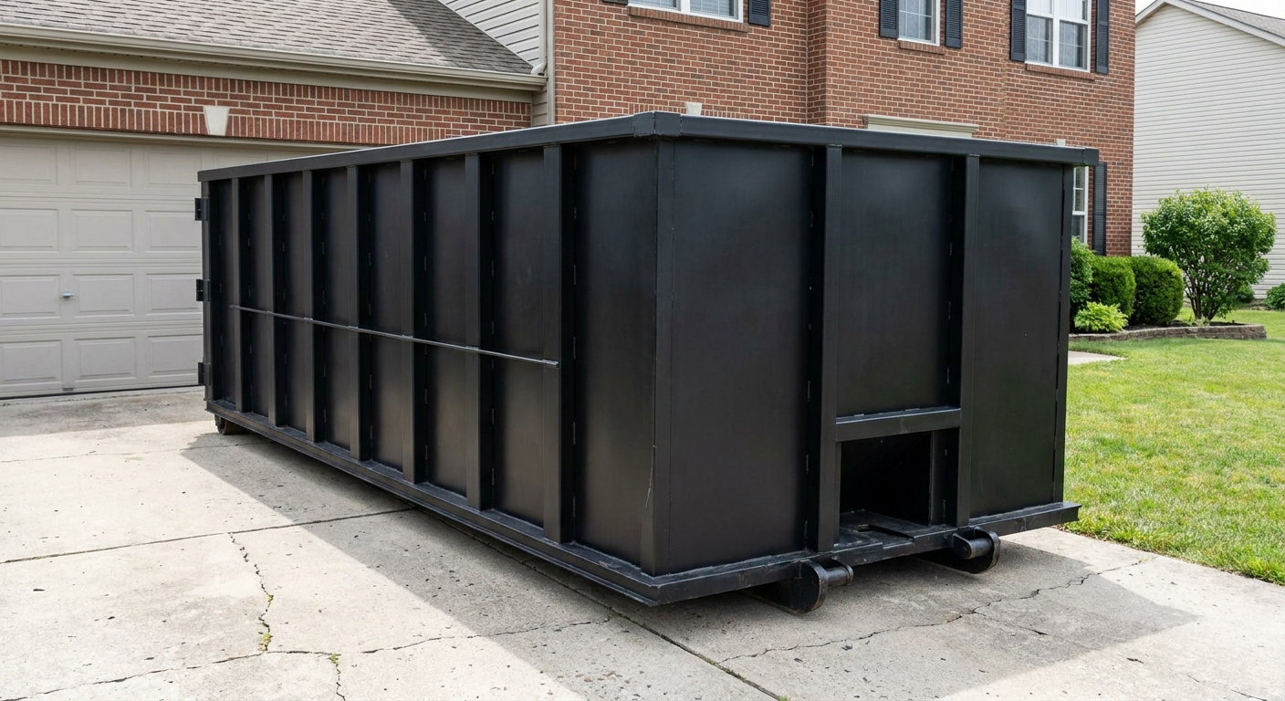 Matte-black 20-yard roll-off container on a Loveland residential concrete driveway with reinforced ribbed steel sidewalls and a hinged rear walk-in door, clean bright daylight.
