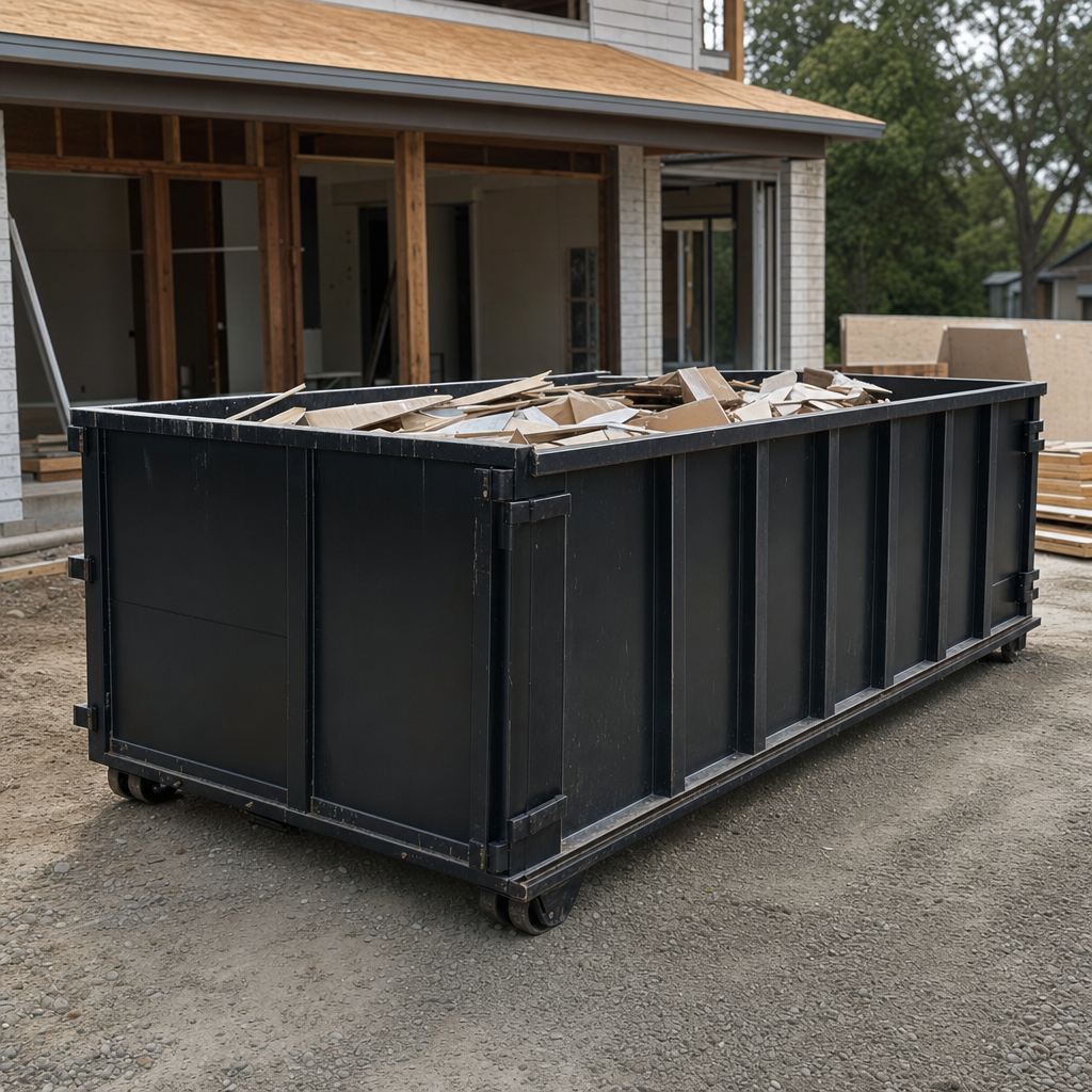 Large matte-black 30-yard construction roll-off dumpster at an active Loveland jobsite, steel-gray top rails and bottom rollers visible, loaded with construction debris.