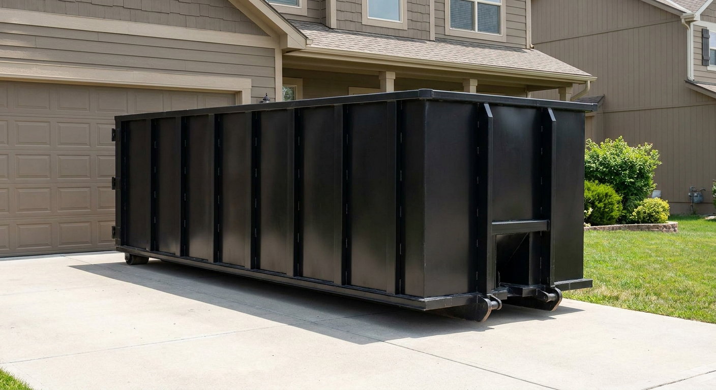 Matte-black residential roll-off dumpster sitting directly on a suburban Loveland concrete driveway, garage door closed, single-family home in background, bright morning daylight.