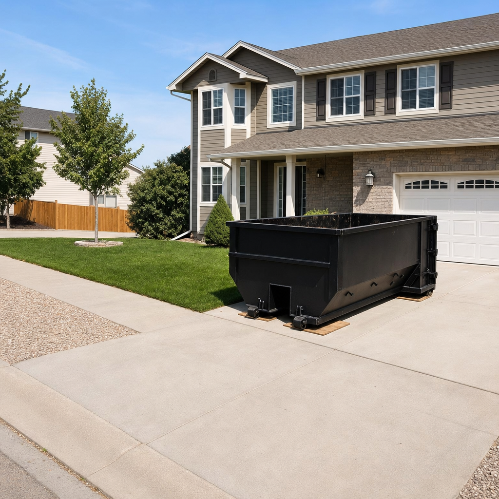 10-yard matte-black residential dumpster placed directly on a narrow Loveland concrete driveway, room remains for a parked sedan beside it, mid-morning natural light