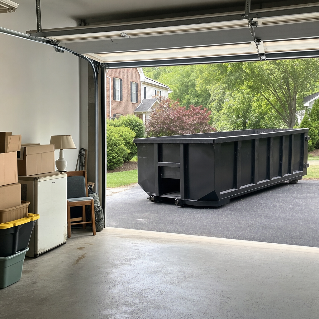 Open garage interior in a Loveland home mid-cleanout — boxed items, an old appliance, and stacked yard tools queued near the driveway for a matte-black roll-off dumpster, organized and calm