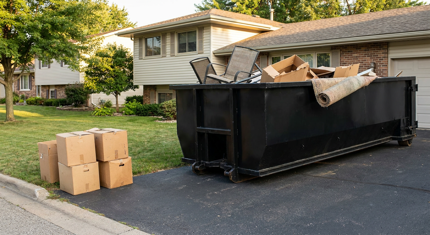 Front-yard view of a Loveland split-level home with a 20-yard matte-black roll-off dumpster sitting directly on the asphalt driveway, a few clearly labeled donation boxes staged at the curb, calm sunny afternoon.