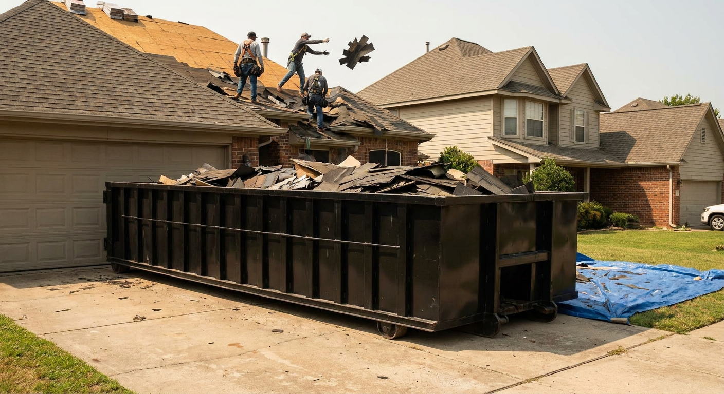 Matte-black roofing roll-off dumpster placed directly on a Loveland residential concrete driveway, a tear-off crew on a two-story asphalt-shingle roof tossing shingle bundles into the low-walled container, bright daylight, documentary 35mm perspective.