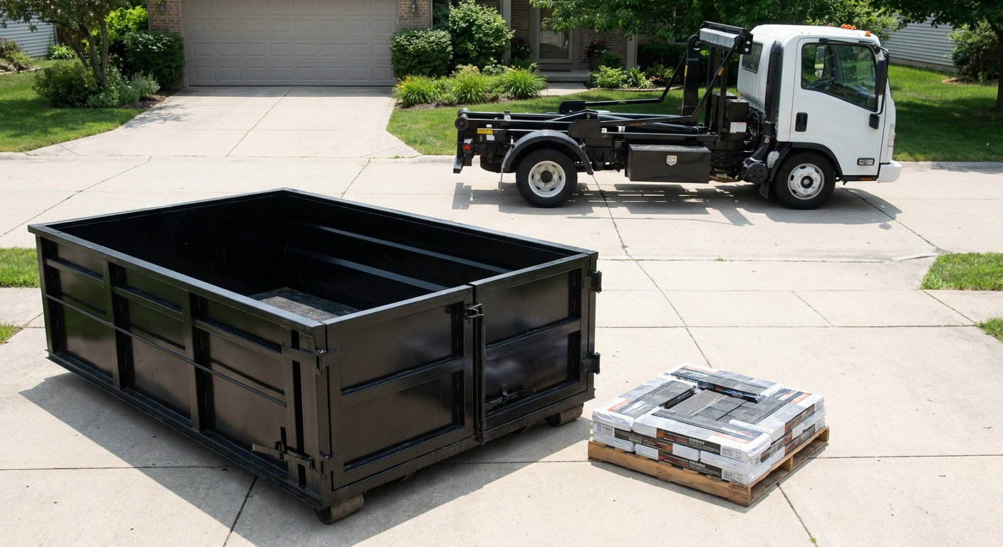 Matte-black 15-yard roofing roll-off dumpster with reinforced low side walls sitting directly on a Loveland residential concrete driveway, three-tab asphalt shingle bundles stacked nearby, an unmarked white hauler truck partially visible at the edge of the frame.