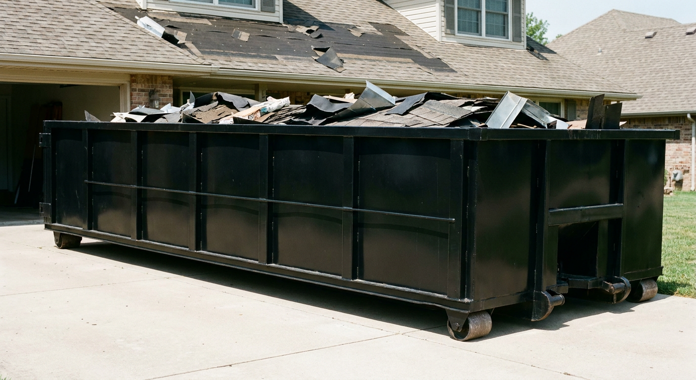 Matte-black 20-yard roofing roll-off dumpster with steel ribbed sides and swinging rear door, sitting directly on the concrete driveway of a two-story Loveland home, asphalt shingle debris being loaded over the low wall, clean documentary lighting.