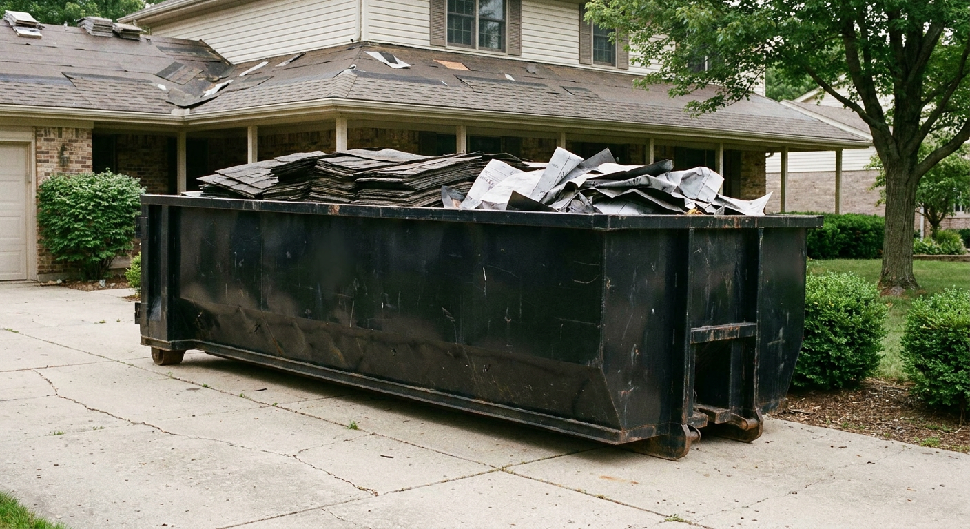 Matte-black 30-yard roofing roll-off dumpster sitting directly on a Loveland concrete driveway, taller ribbed steel side panels, mixed tear-off debris of asphalt shingles and underlayment inside, professional documentary daylight.