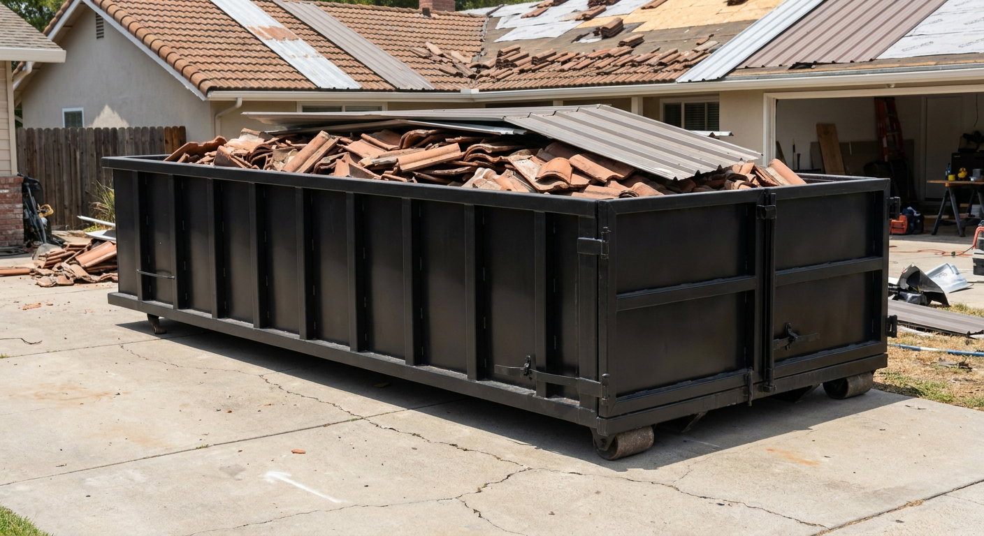 Matte-black low-wall heavy-debris roofing roll-off dumpster sitting directly on a Loveland concrete driveway, broken concrete clay roof tiles and metal panel sections loaded inside, reinforced ribbed steel side walls visible, bright outdoor daylight.