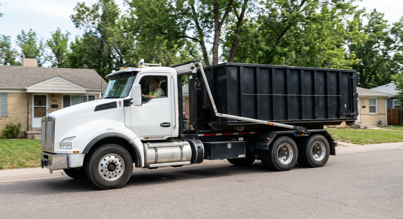 A wide documentary shot of a matte-black roll-off delivery truck pulling onto a quiet Loveland residential street at mid-morning, with neighborhood rooftops and tree-lined blocks visible behind, showing the metro coverage footprint.