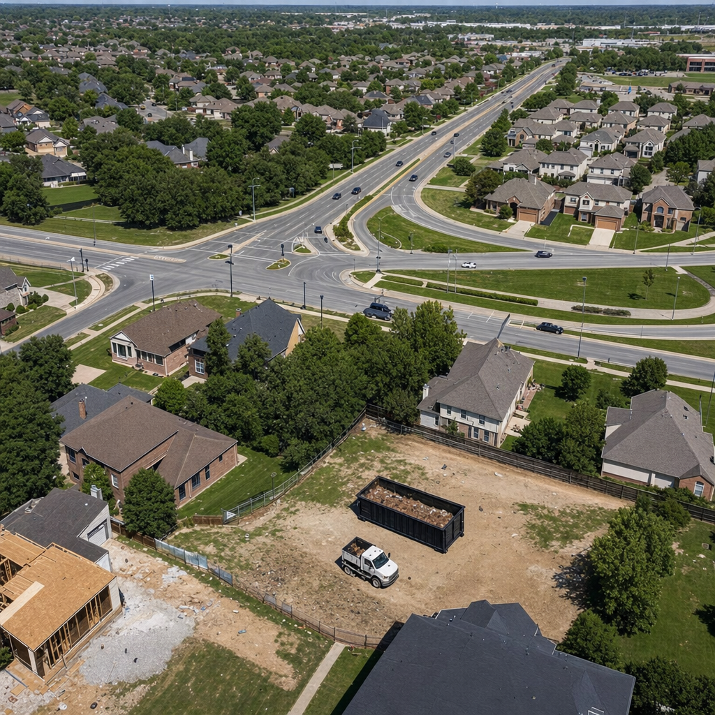An overhead documentary view of the Loveland metro area at midday, showing the spread of neighborhoods, arterial roads, and the dispatch radius from a central yard — clean daylight, organized geographic layout.