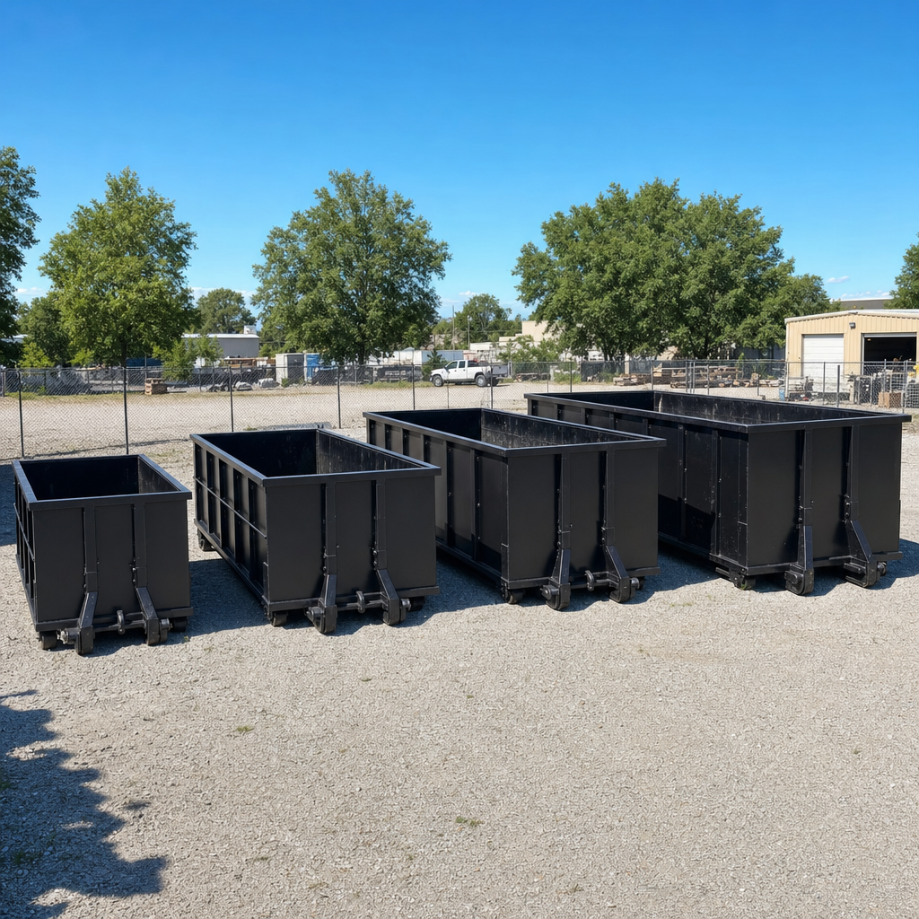 A clean lineup of matte-black roll-off dumpsters in 10, 20, 30, and 40-yard sizes staged on a sunlit gravel yard in Loveland, showing the size progression from compact to commercial-scale containers.