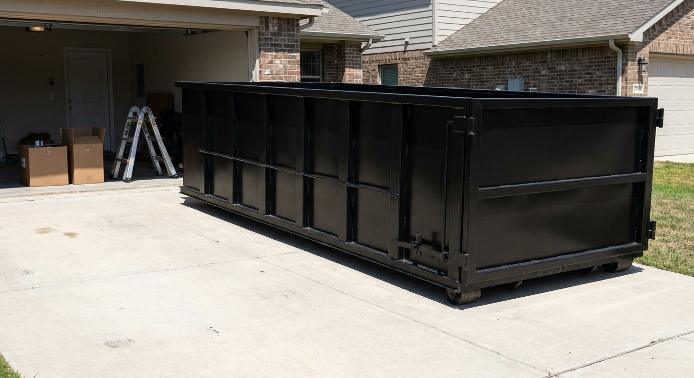 A matte-black 10-yard roll-off dumpster sitting directly on a residential Loveland concrete driveway, mid-day sunlight, clean and ready for a garage cleanout.