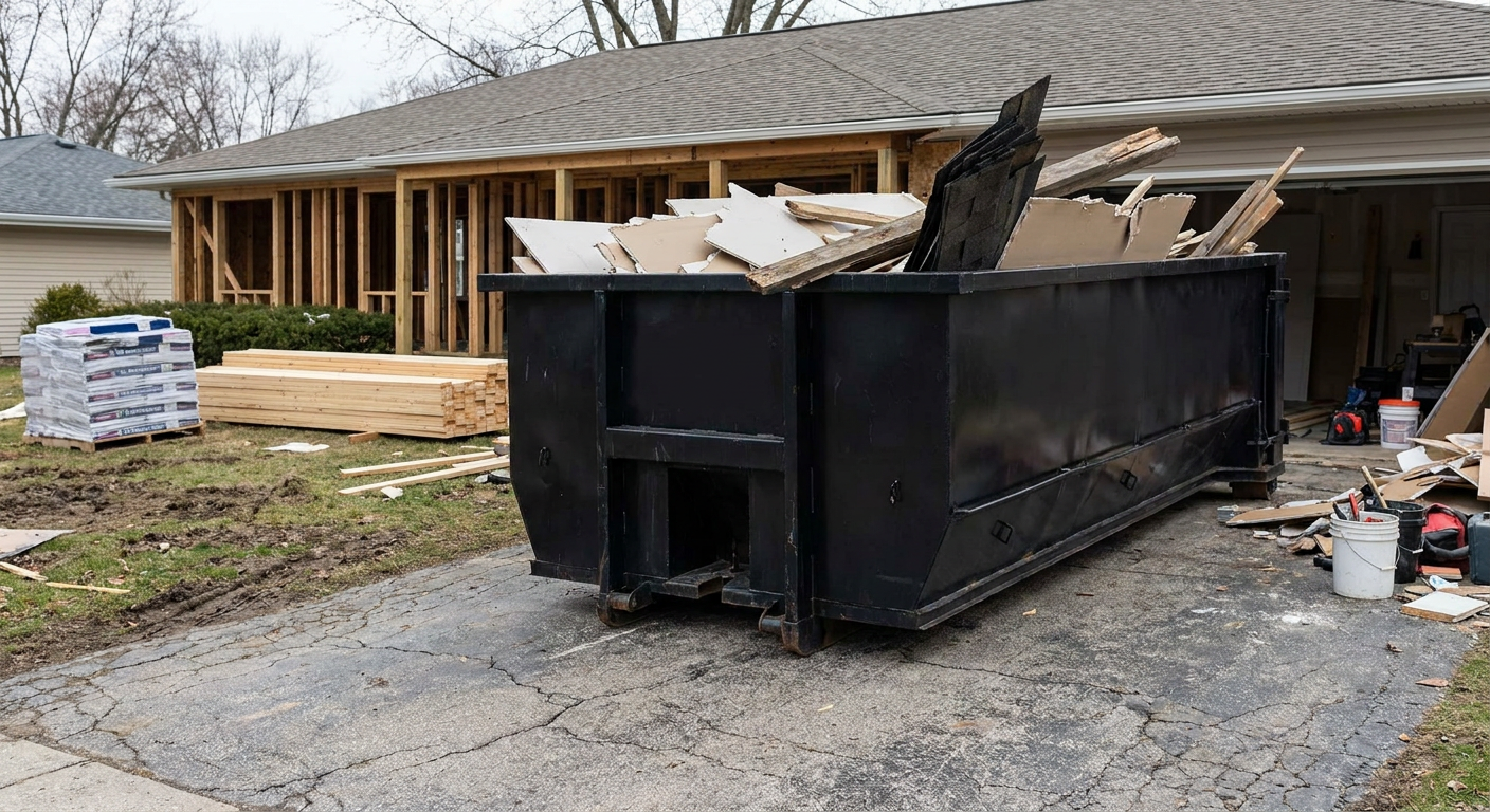 A matte-black 20-yard roll-off dumpster placed alongside a mid-renovation Loveland home directly on the asphalt driveway, with framing materials and torn-off shingles staged neatly nearby.
