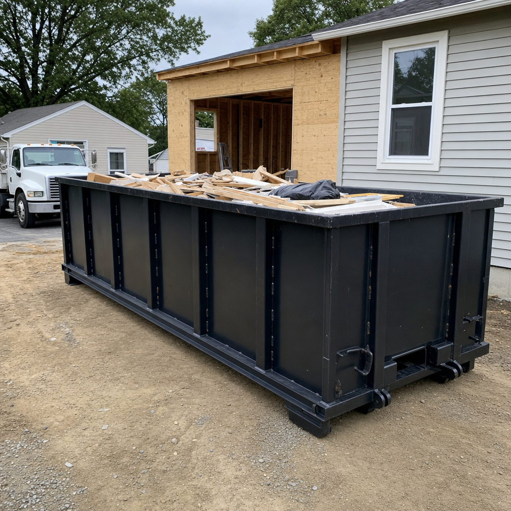 A matte-black 30-yard roll-off dumpster positioned at a Loveland residential addition jobsite, with framing lumber and drywall scraps loaded through the open swinging rear doors.