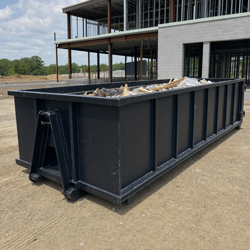 A matte-black 40-yard roll-off dumpster staged on a large Loveland commercial construction lot, with a hooklift delivery truck parked alongside under bright midday sky.