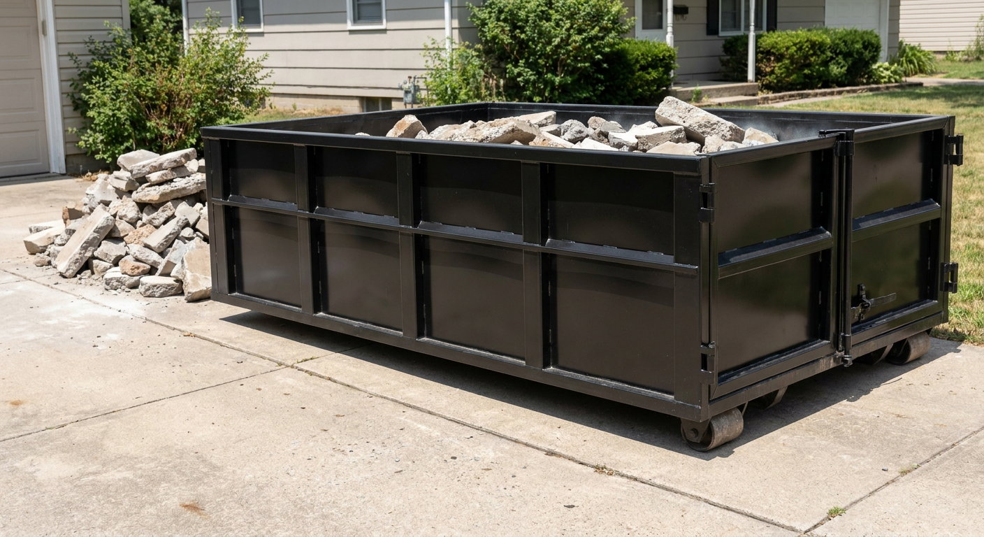 A matte-black low-side heavy-debris roll-off dumpster placed directly on a Loveland concrete driveway, with broken concrete chunks neatly stacked beside it under clean daylight.