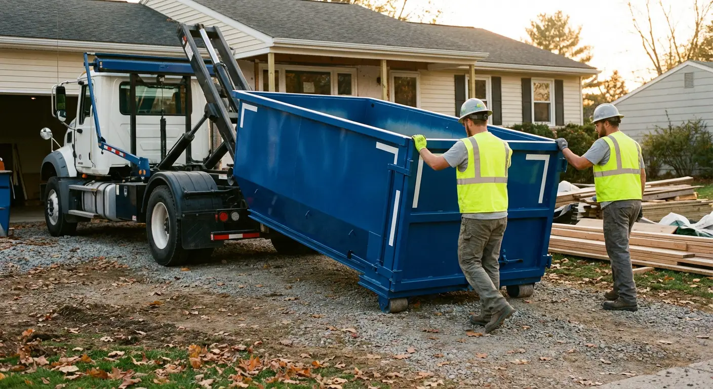 Construction dumpster delivery truck in action in Loveland, CO
