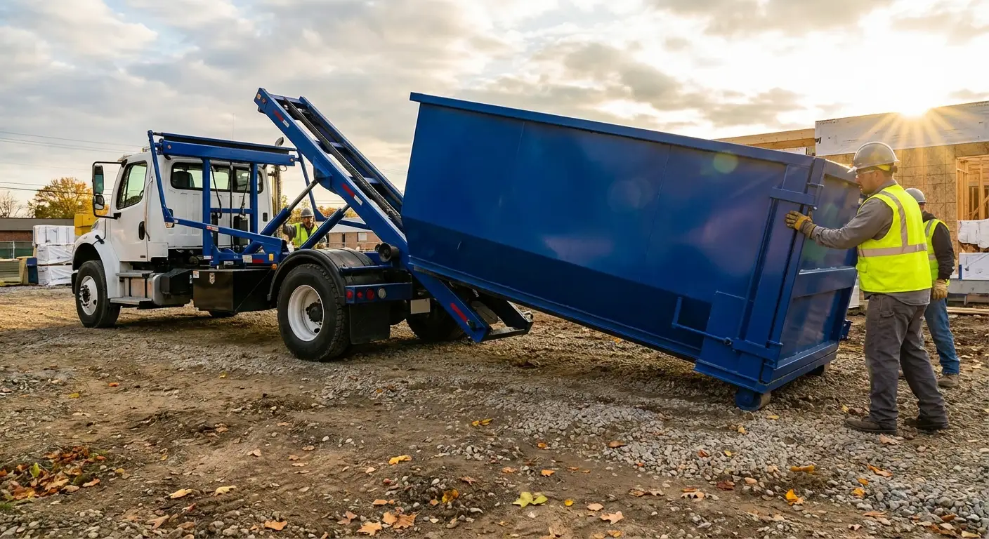 Construction dumpster delivery truck at job site in Loveland, CO