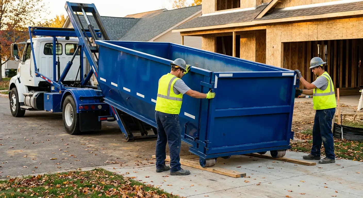 Roll-off dumpster delivery truck in residential area in Loveland, CO