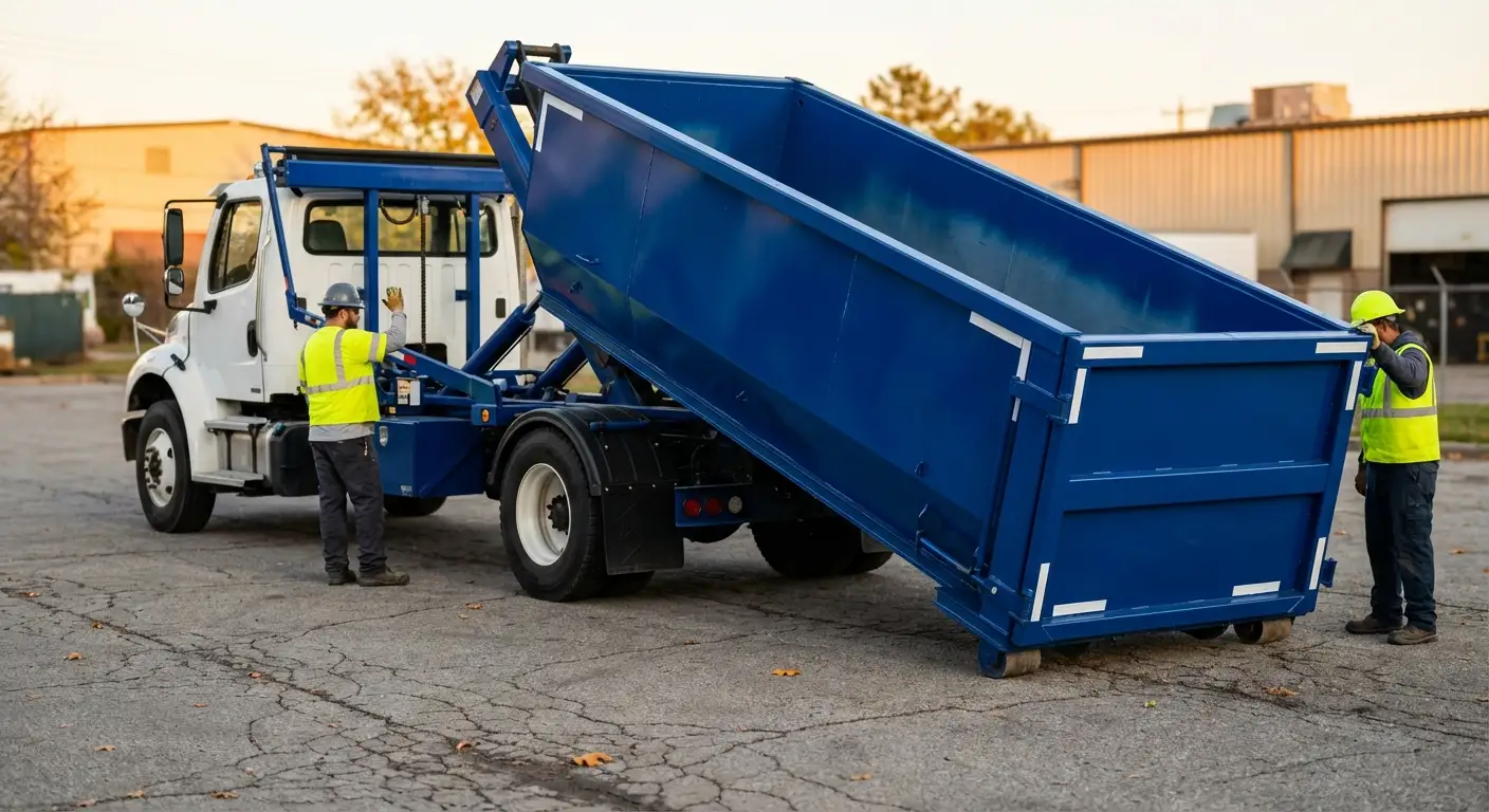 Roll-off dumpster rental truck protecting driveway surfaces in Loveland, CO